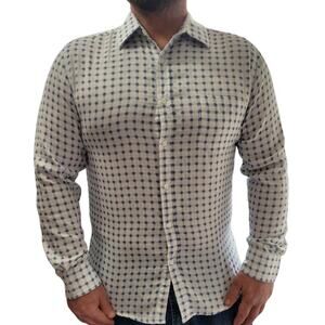 Haggar Button Down Dress Shirt Sz L Blue Gray Checkered Fade Plaid Classic